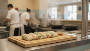 Freshly made Vietnamese rice paper rolls arranged on a stainless steel counter in a quick-service restaurant kitchen