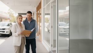Two business partners on a suburban shopping strip footpath looking into an empty retail tenancy, one holding a folder of figures
