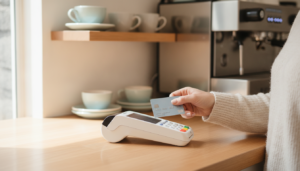 A hand tapping a payment card on an EFTPOS terminal sitting on a café counter