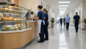 A compact food kiosk with a heated display of grilled chicken and wraps set in a hospital corridor with fluorescent lighting and polished floors