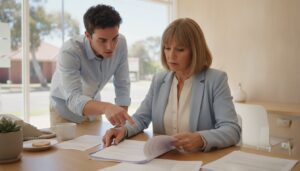 Two real estate agents in a suburban office reviewing a printed contract document together at a desk, one seated and one leaning over to point at a page