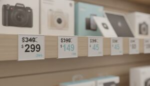 Shelf-edge price tags in an electronics store displaying crossed-out original prices above discounted prices with boxed products behind them
